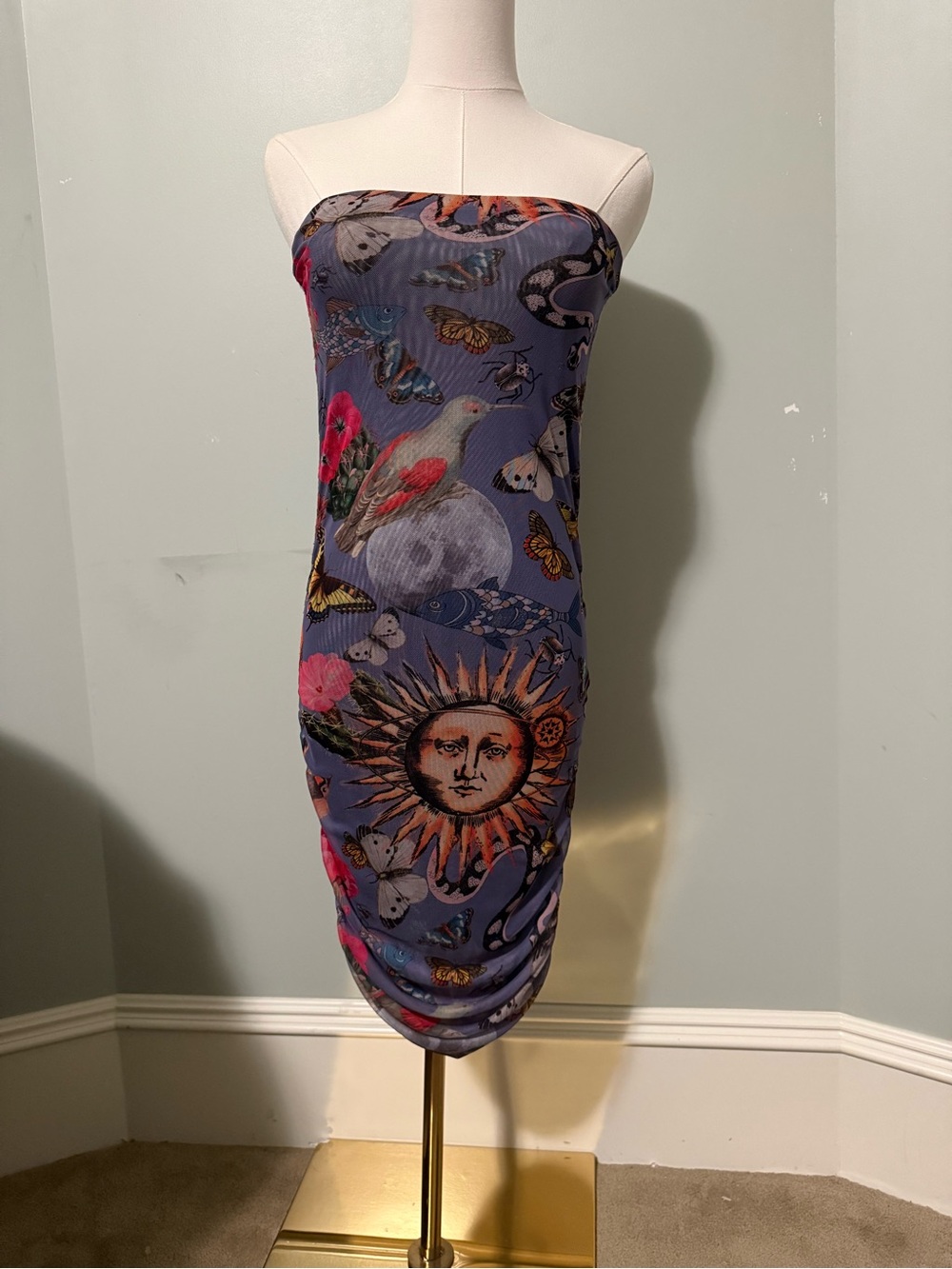 Desigual Strapless Celestial & Bird Print Bodycon Dress - Purple